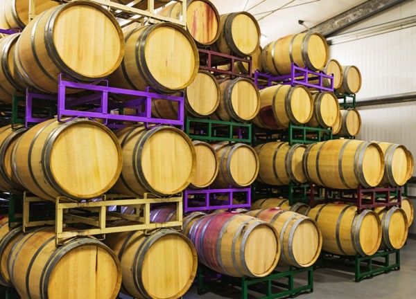 Wine barrels on racks in cellar
