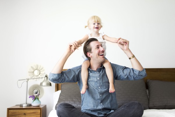 Portrait of father carrying daughter (2-3) on shoulders