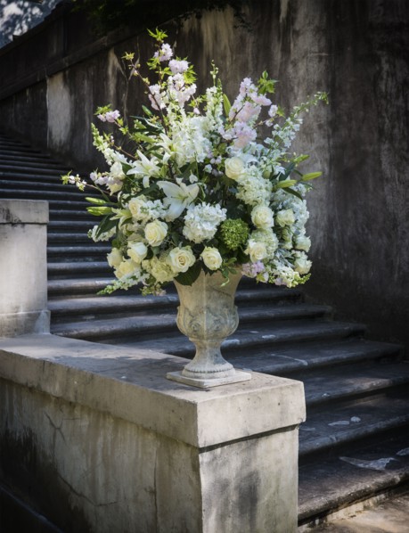 Display of flowers in stone urn
