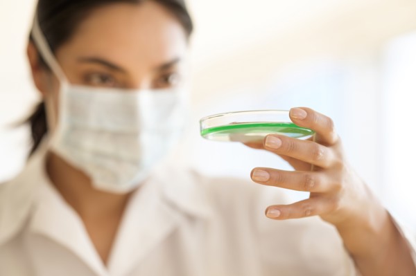 Scientist holding petri dish.