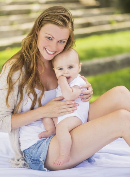 Mother holding baby (6-11 months) on lap