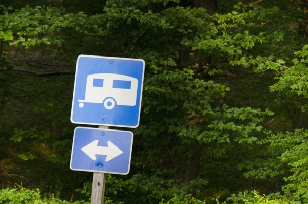 Blue road sign with forest in background