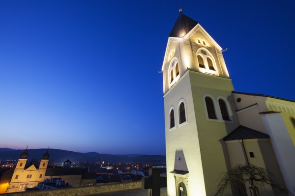 Illuminated church at dusk