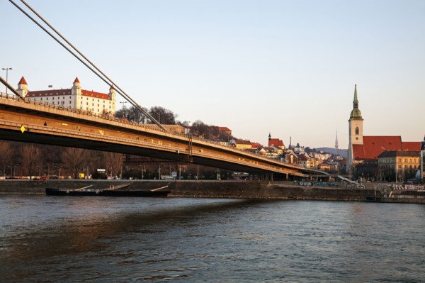 Bridge over water with city in background
