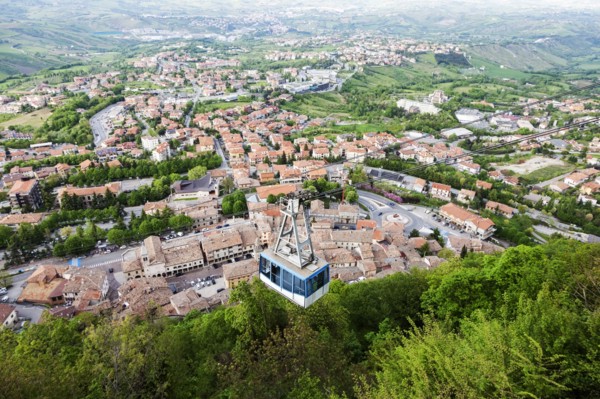 Overhead cable car with townscape in background