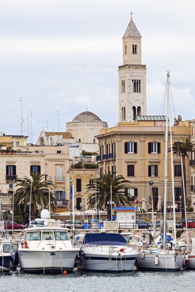 Boats in marina with city buildings in background