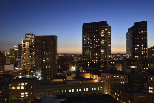 Dusk lights over cityscape