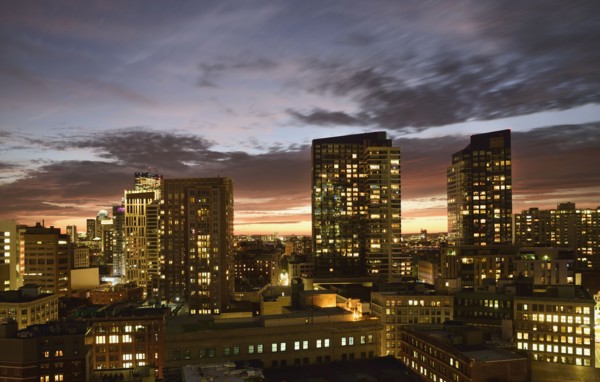 Dusk lights over cityscape