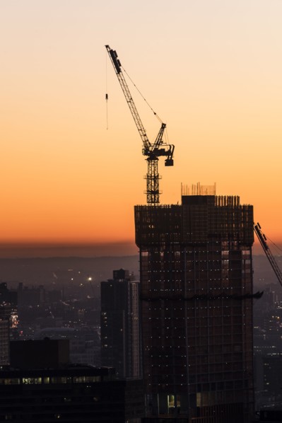 Silhouette of skyscraper under construction. New York City, New York, USA.