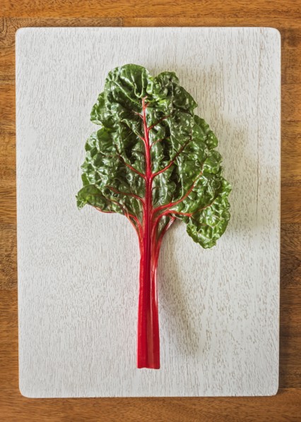 Red chard leaf on cutting board