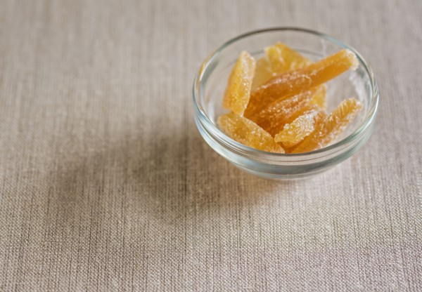 Candied ginger in glass bowl