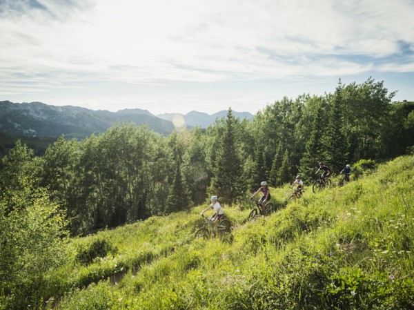 Family with children (10-11, 12-13, 14-15) cycling in mountains
