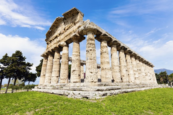 Old architectural columns of Paestum ruins on grass