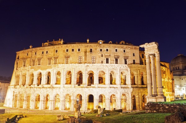 Illuminated theater of Marcellus at night
