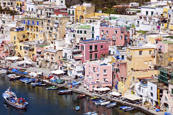 Townscape over Marina Corricella on Procida Island