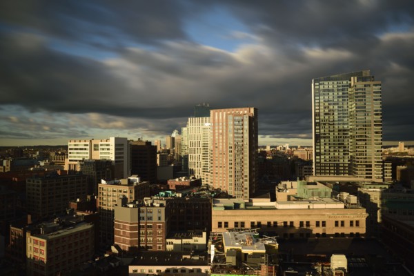 Storm clouds above downtown district