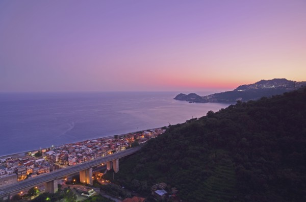 Elevated view of coastline at dusk