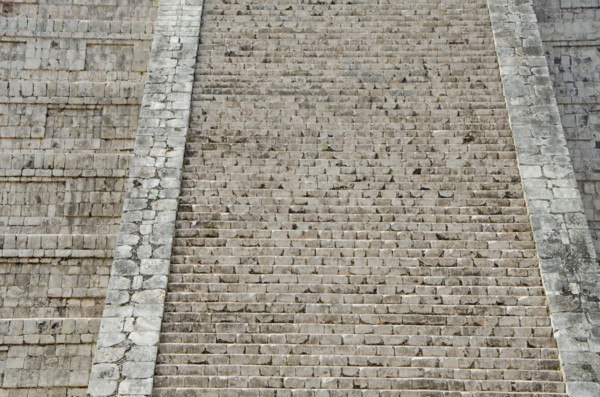 Close-up of stone steps of ancient Mayan pyramid of Kukulkan