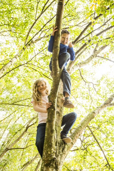 Boy (6-7) and girl (8-9) climbing tree