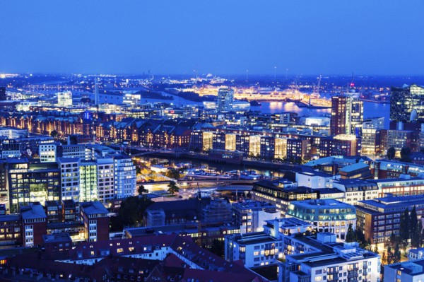 Aerial view of Hamburg with Speicherstadt Hamburg, Germany