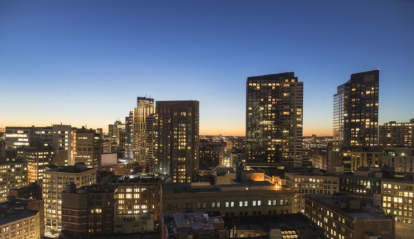 Modern downtown district at dusk