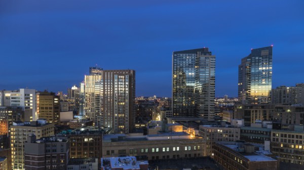 Modern downtown district at dawn