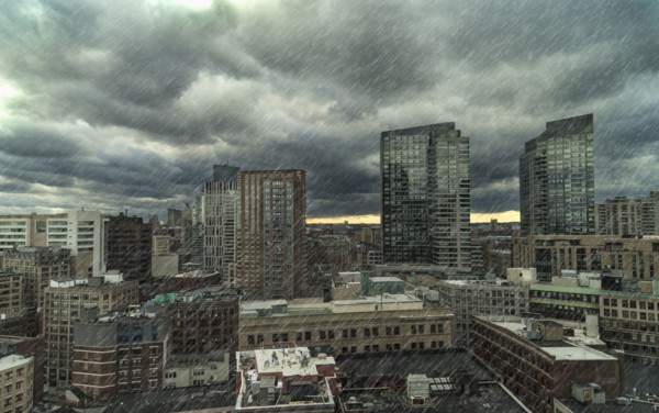 Downtown district on rainy day