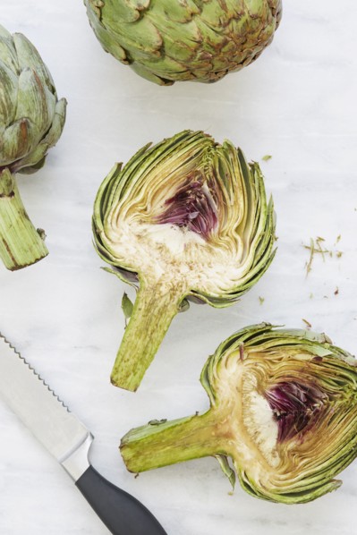 Overhead view of halved artichoke