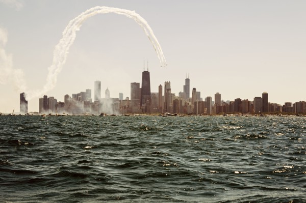 Illinois, Chicago, Lake Michigan and city skyline with skyscrapers