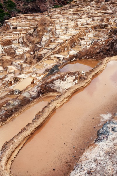 Peru, Cuzco, Sacred Valley, Maras, Aerial view of village with salt pools