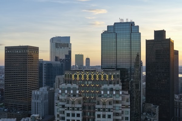 Massachusetts, Boston, Office buildings at dusk