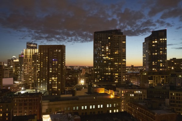 Massachusetts, Boston, Downtown district at dusk