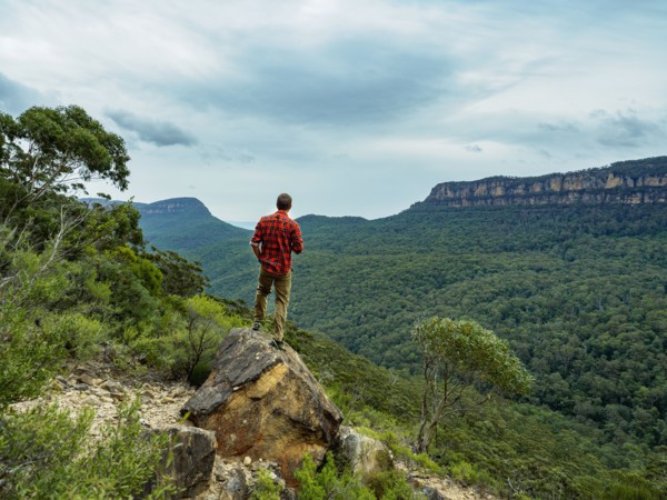 Australia, New South Wales, Katoomba, Blue Mountains, Rear view of mid adult man looking at Blue Mountains