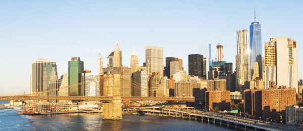 USA, New York State, New York City, Manhattan, City skyline with Brooklyn Bridge