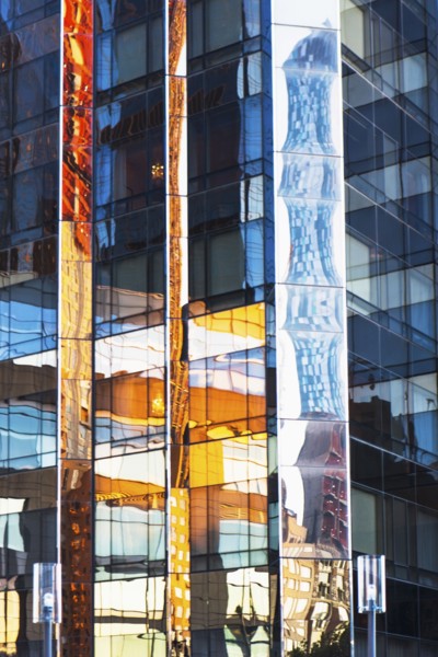 USA, New York, New York City, Glass facade of office building