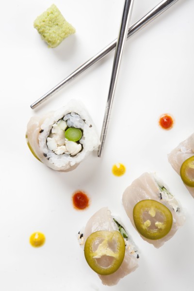 Sushi and metal chopsticks