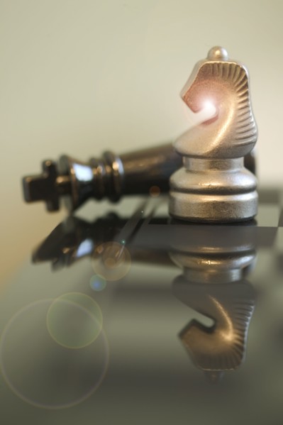 Chess pieces reflecting in board.