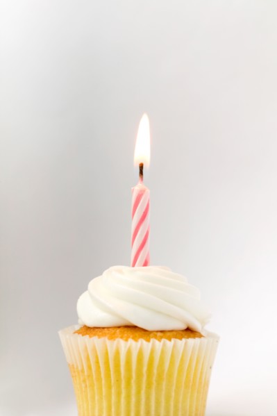 Cupcake with birthday candle.
