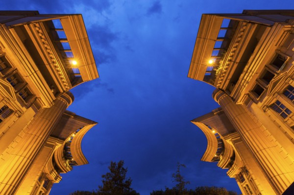 France, Occitanie, Montpellier, Low angle view of modern architecture of Quartier Antigone