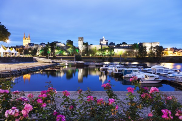 France, Pays de la Loire, Angers, Harbor by Chateau d'Angers at dusk