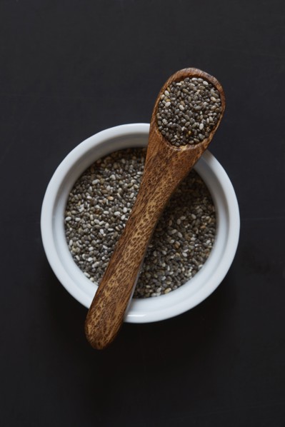 Studio shot of chia seeds in ramekin