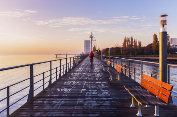 Bridge in city at dawn