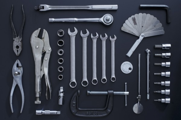 Studio shot of work tools on black background