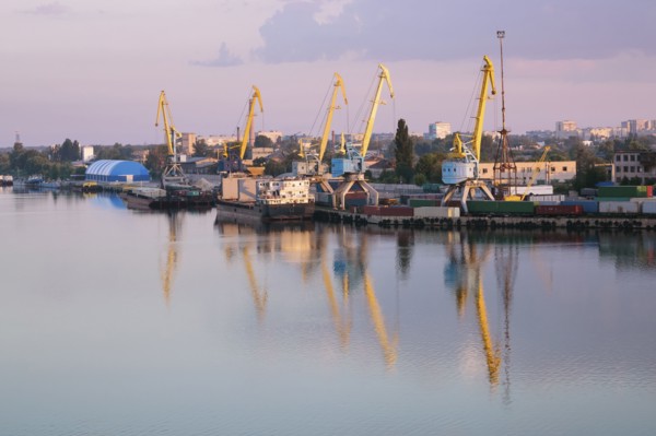 Ukraine, Dnepropetrovsk, Commercial dock at sunset