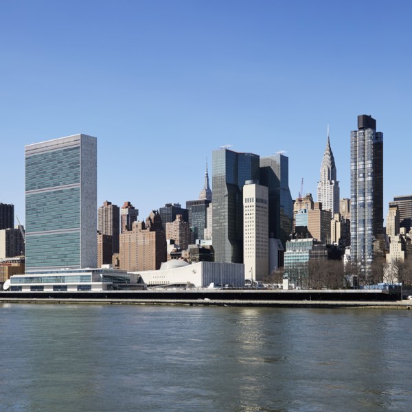 USA, New York, New York City, Waterfront with skyscrapers