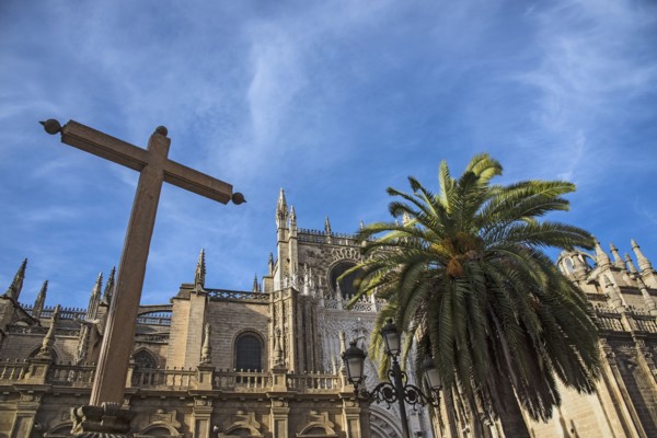 Spain, Andalusia, Seville, Cathedral of Seville with palm tree and cross in foreground