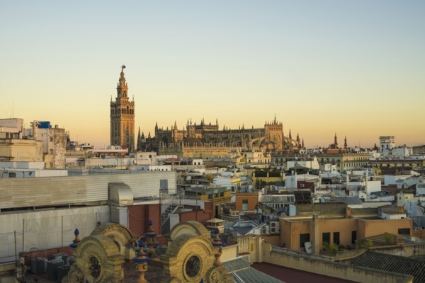 Spain, Seville, Cityscape with Cathedral of Seville at sunset