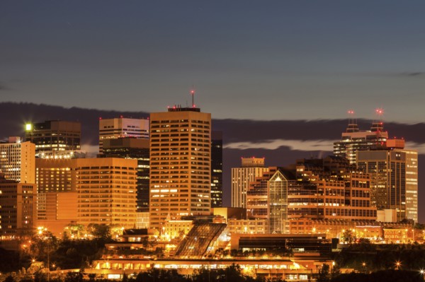 Canada, Alberta, Edmonton, Financial district at dusk