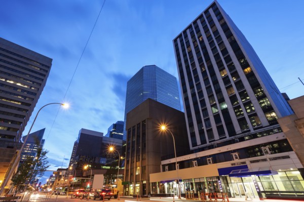 Canada, Alberta, Edmonton, Blue sky over financial district