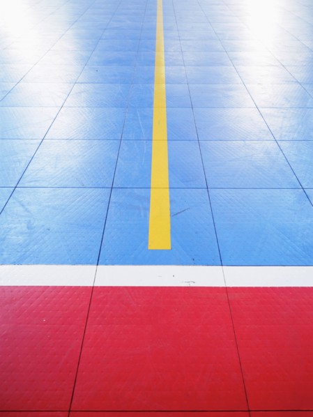 Red and blue tiled floor of basketball court